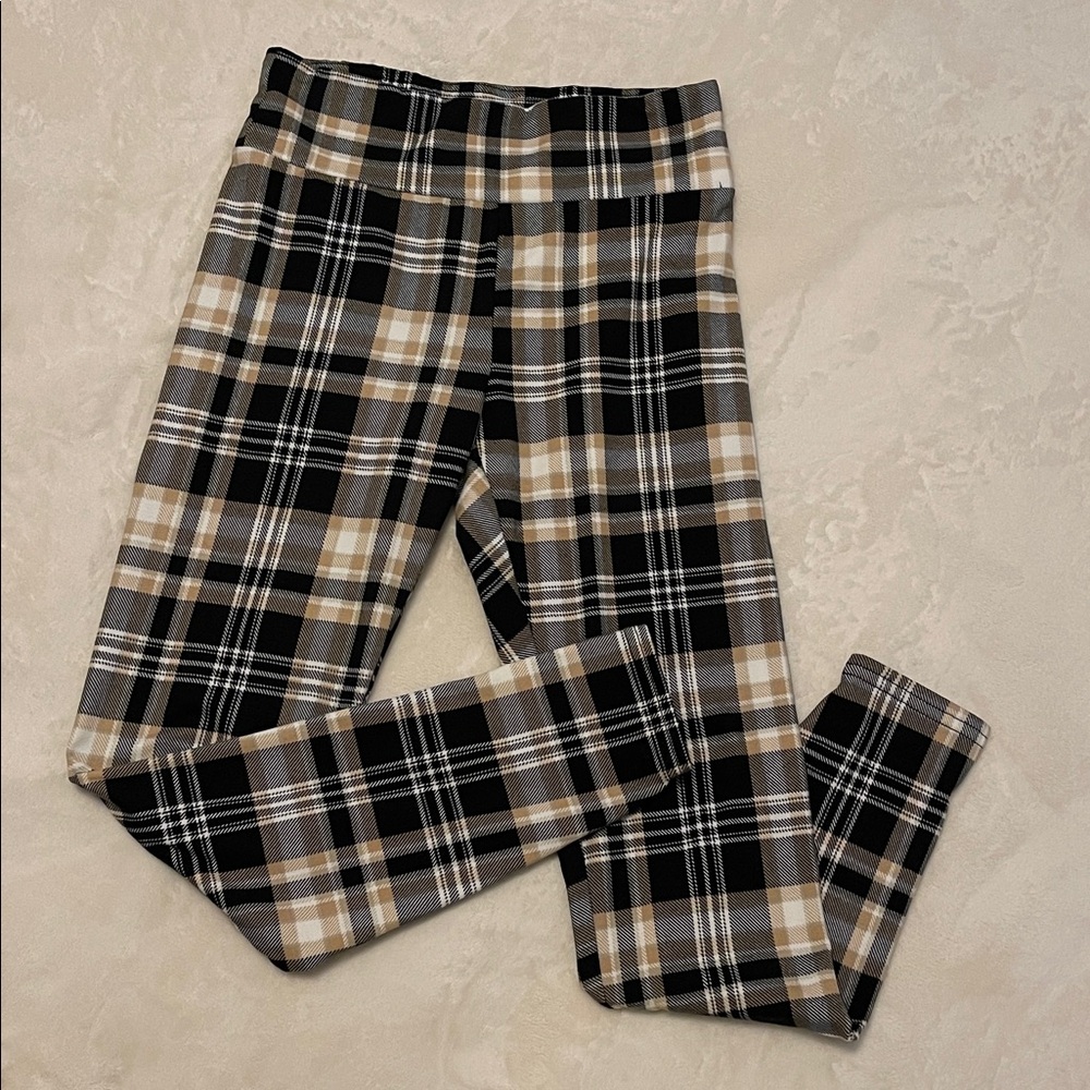 Eye Candy Leggings Plaid Knit Bottoms M Black Tan Plaid Alternative Grunge Core